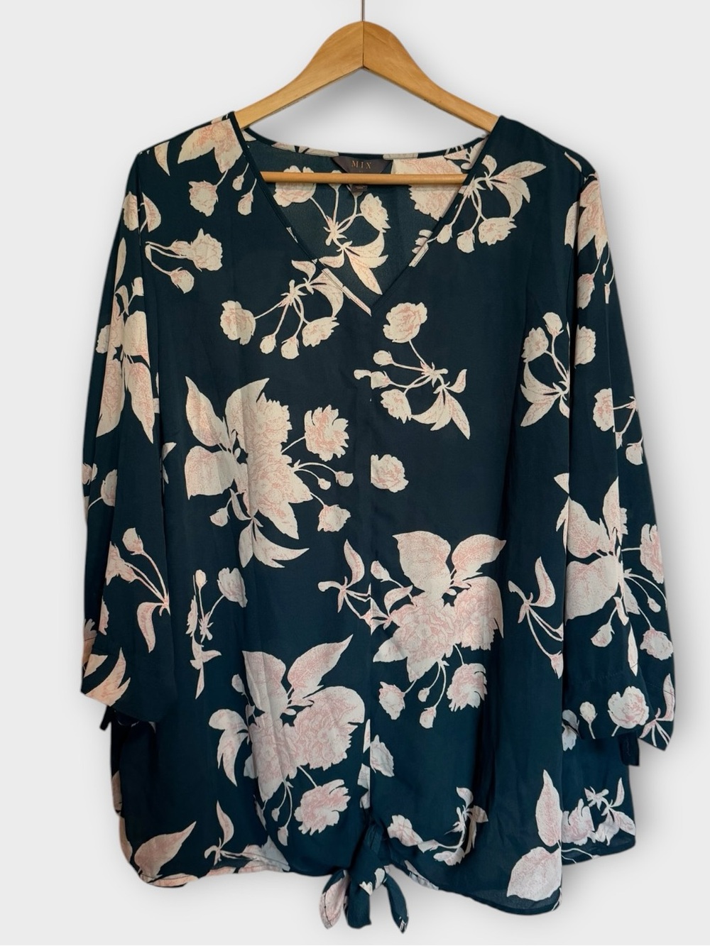 Mix Floral Tie-Hem V-Neck Blouse in Dark Teal with Blush Floral